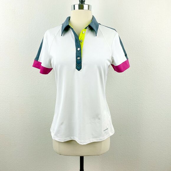 Annika Cutter & Buck Athletic Golf Polo Top Small White Blue Fuchsia Color Block - Picture 1 of 11